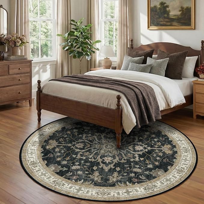 RELEANY Area Rugs Round 8ft Washable Non-Slip, Floral Vintage Distress