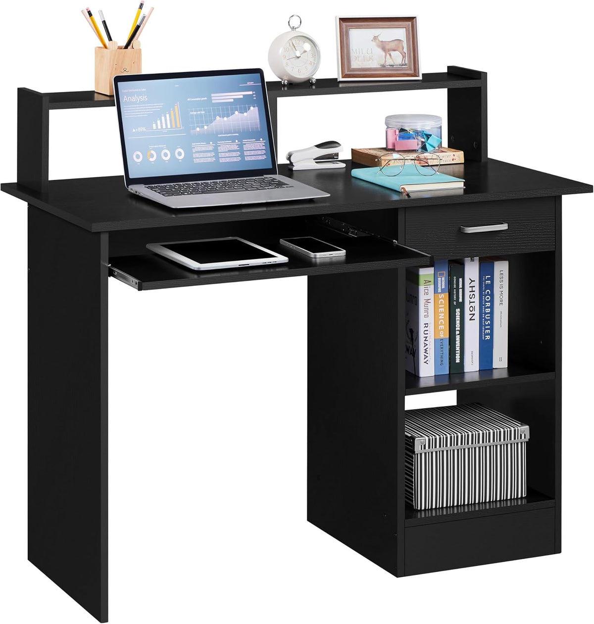 Yaheetech Computer Desk with Keyboard Tray, Drawers, and Shelves, Black