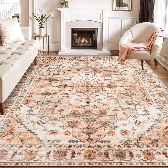 SERISSA Boho 8x10 Area Rugs Peach Cream, Washable Vintage Large Living Room Rug