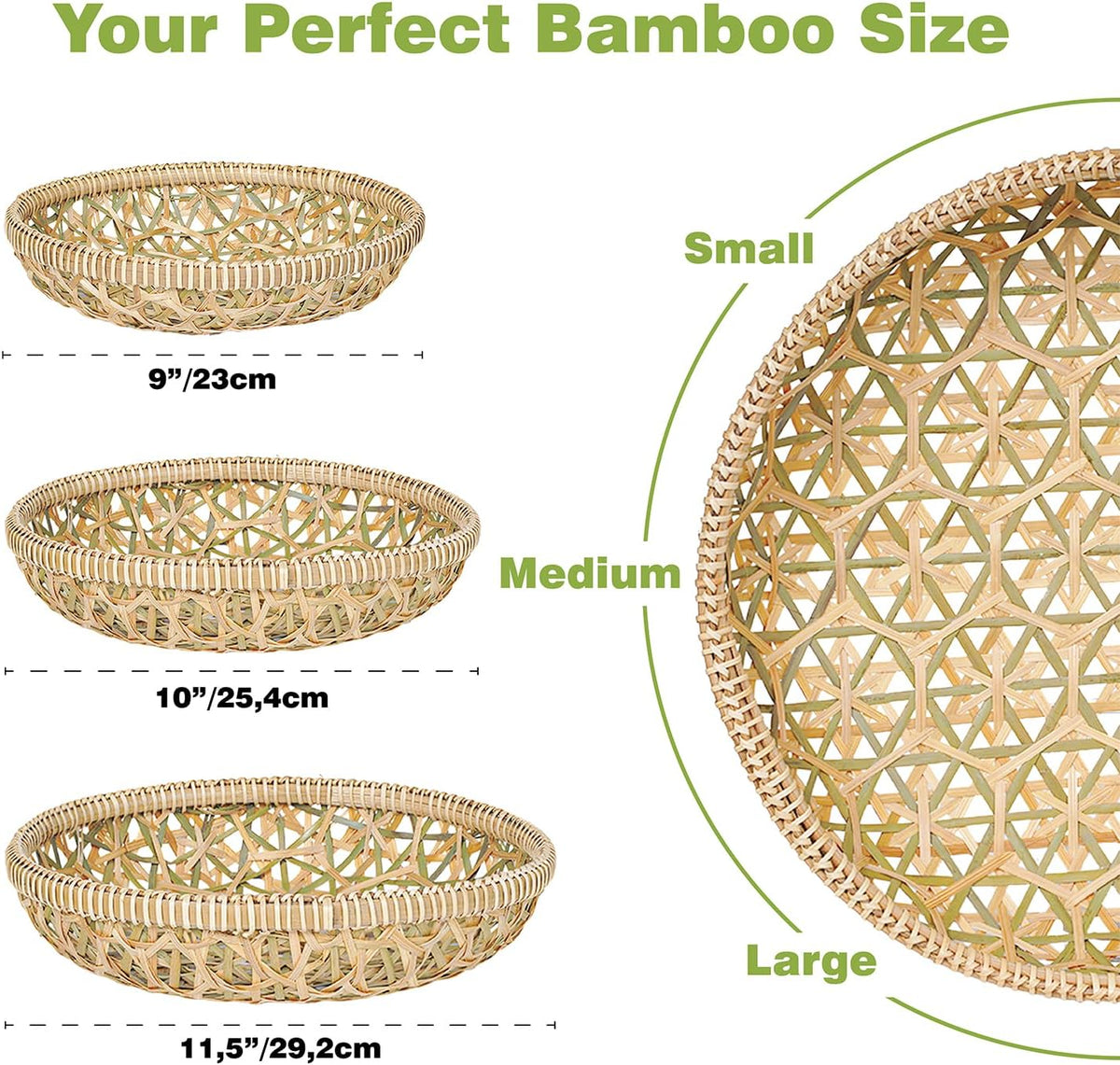 Handwoven Bamboo Basket Set of 3, Round Nesting Bread & Fruit Baskets, Natural Spiral Weave, Decorative Serving Baskets for Table & Home Decor (Lattice Natural Olive)