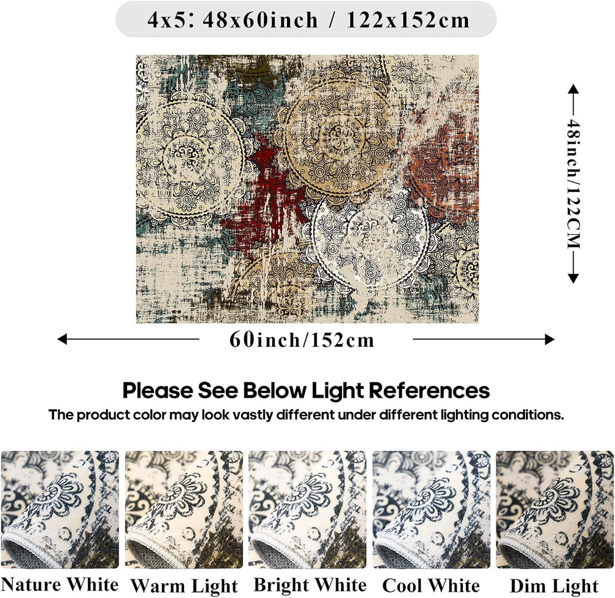 Washable 4x5 Area Rug Abstract: Red Soft Non-slip Mat Bathroom Households