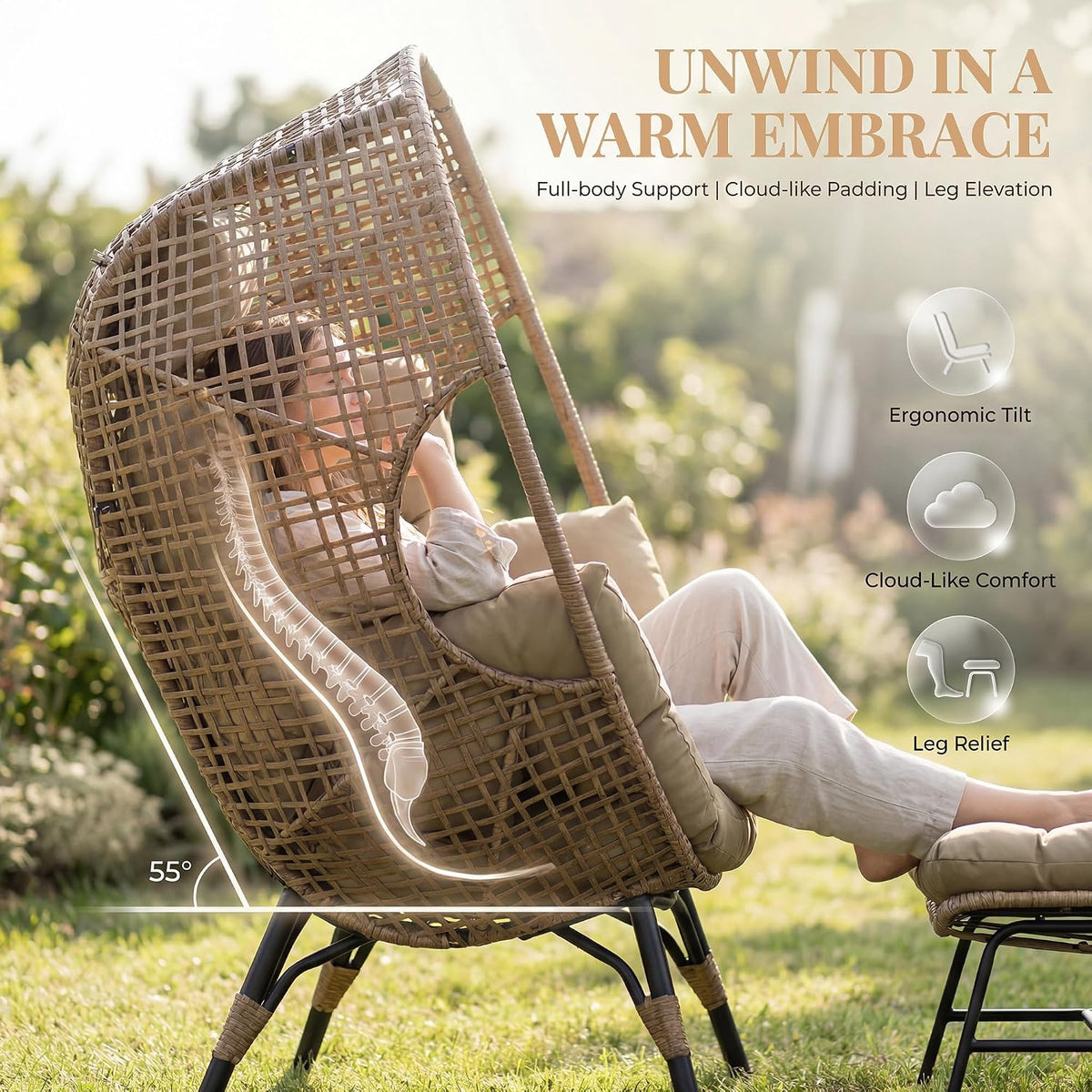 RADIATA Outdoor Egg Chair w/Ottoman, Oversized Wicker Patio Lounger