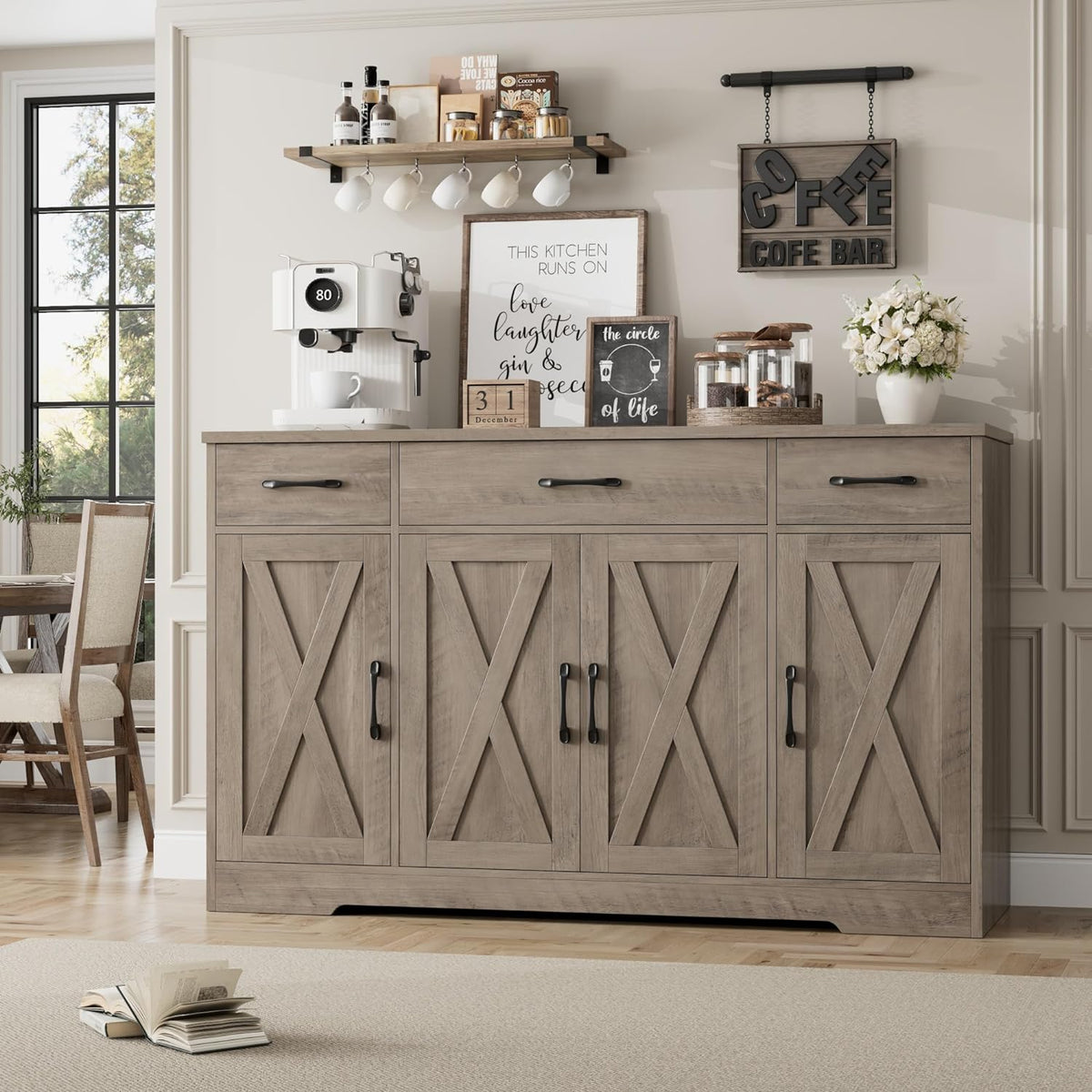 HOSTACK Kitchen Buffet Sideboard Storage Cabinet, Coffee Bar Cabinet, Grey