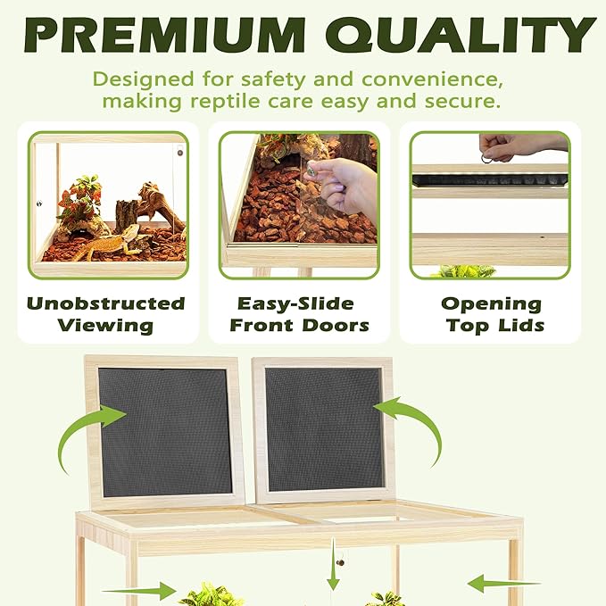 Prolee Bearded Dragon Tank with Leg Stand,Wooden Lizard Tank,Reptile Tank with Metal Mesh Roof Door, Acrylic Panel Snake Tank with Lock Design (Oak, 32"x16"x16")