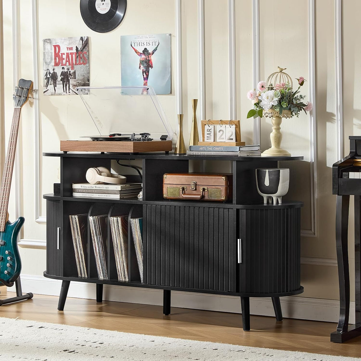 LELELINKY Extra Large Round Record Player Stand with Charging Station
