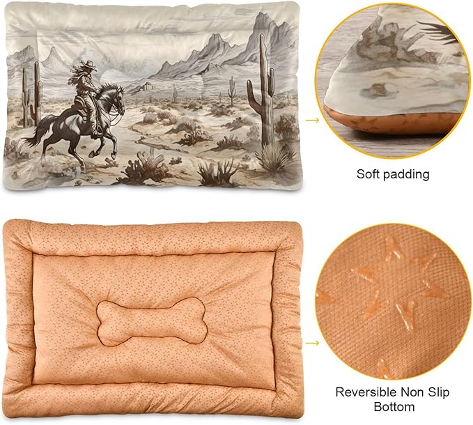 Western Desert Cowboy Dog Bed Cat Bed with Non-Slip Bottom, Kennel Bed Crate Soft Pet Bed Mattress Washable Pets Bed Pad for Small Medium Large Dogs Cats,18x24in
