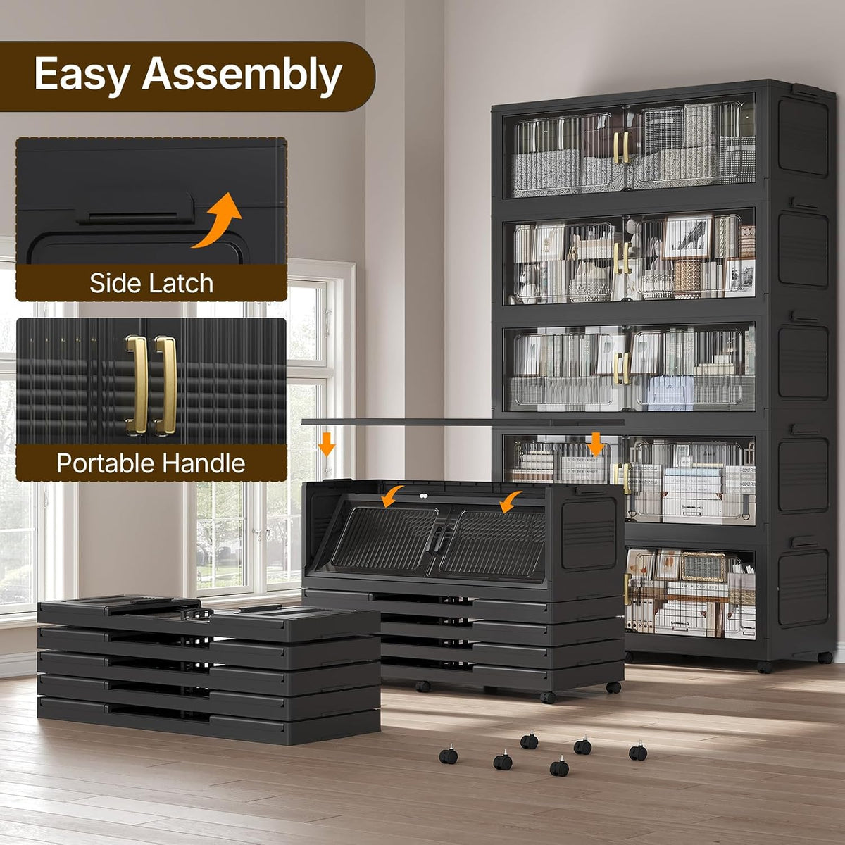 210Gal Extra Large Stackable Storage Bins with Lid, 840QT Foldable Collapsible Storage Box with Doors and Wheels, Plastic Closet Organizers Container Drawer for Bedroom Kitchen Garage, 3Pack