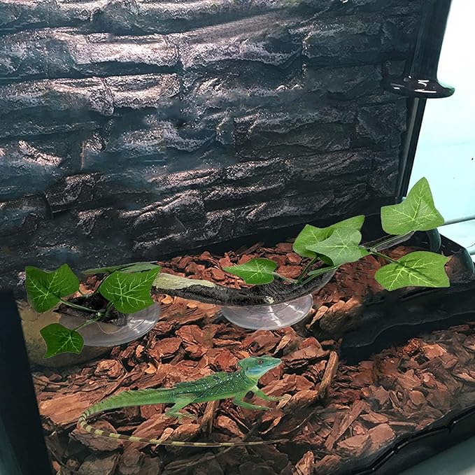 PINVNBY Reptile Corner Branch Resin Climb Tree Branch Decor with Leaves Terrarium Plant Decoration with Suction Cup Gecko Plant Ornament for Amphibian Lizard Snake Climbing (1 Pcs)