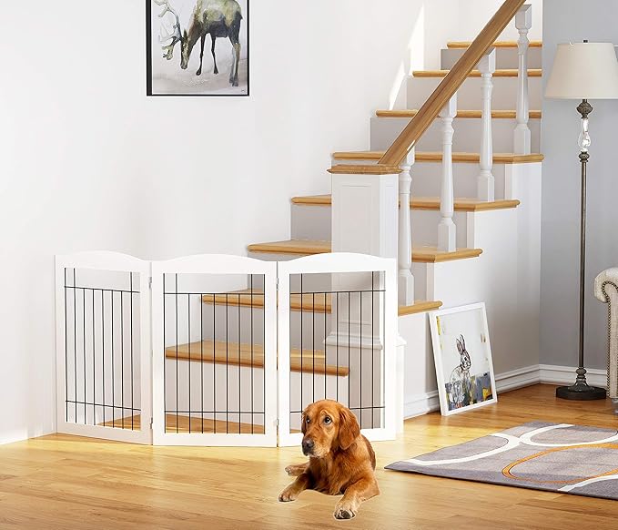 Spirich Freestanding Wire Pet Gate for Dogs, 60 inches Extra Wide, 30 inches Tall Dog Gate for The Houes, Doorway, Stairs, Pet Puppy Safety Fence, White 3 Panels