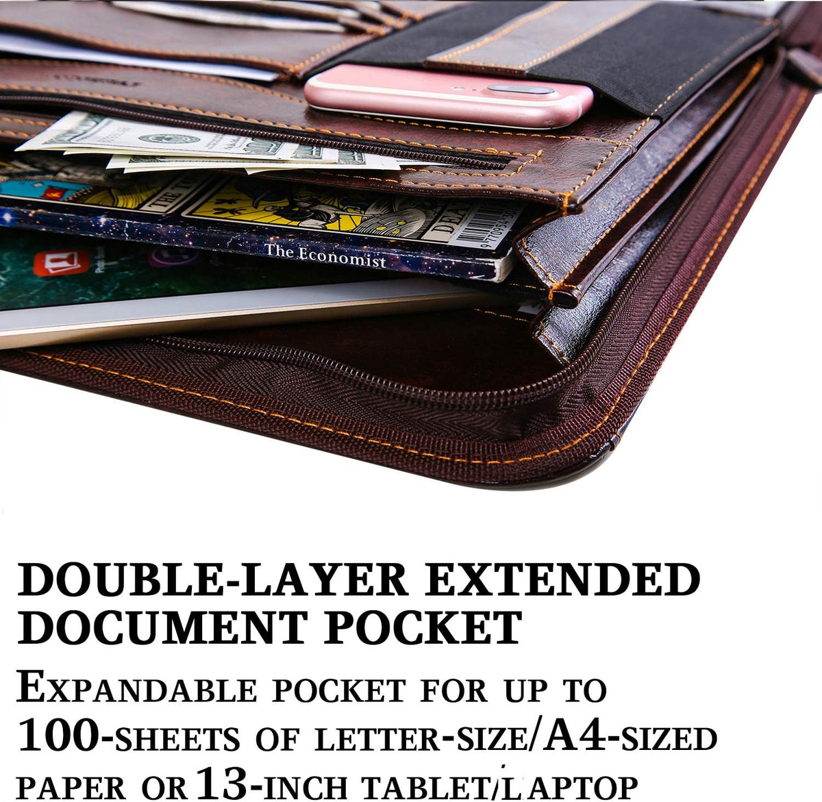 Zippered Padfolio for Women & Men Resume Portfolio Folder Vegan Leather Business Organizer Planner,with Writing Pad Interior 10.1 Inch Tablet Sleeve Dark Brown