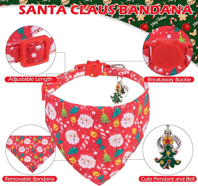 EXPAWLORER Christmas Cat Collar Breakaway with Bells - 2 Pack Cute Holiday Cat Collars Adjustable Xmas Pet Collar with Removable Bow Tie and Bandana, Safety Buckle for Girl Boy Cats Kitten