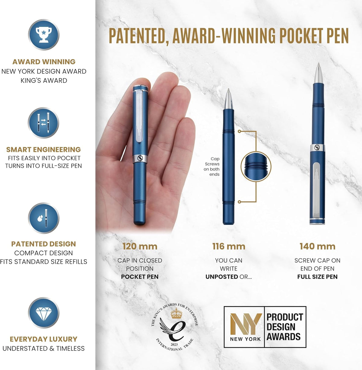 Scriveiner Blue Rollerball EDC Luxury Pen, Stunning Pocket Pen with Chrome Finish, Cool Writing Pen, Best Gift for Men & Women, German Schmidt Refill, Nice Present, Fancy Office Designer