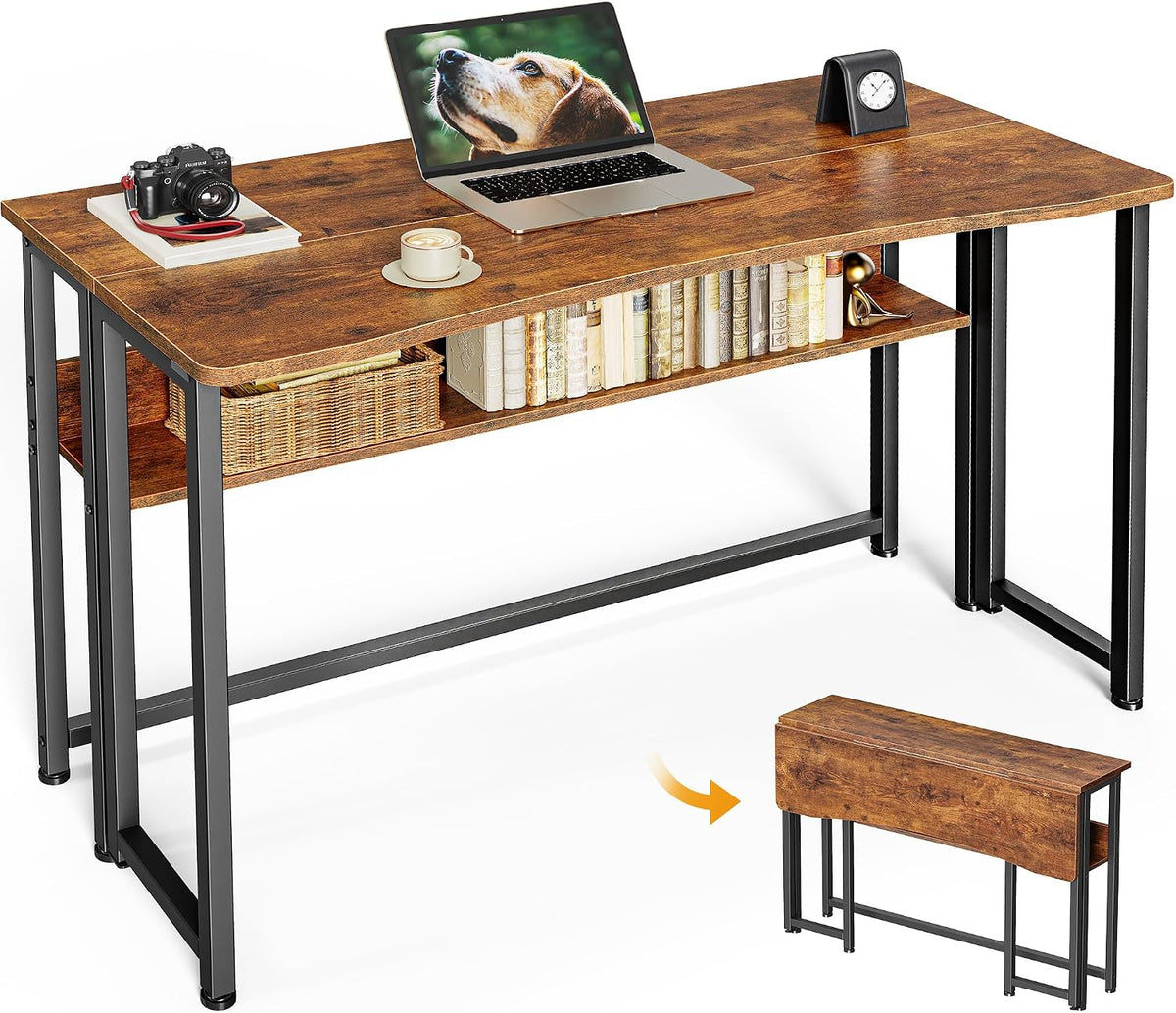 Huuger Folding Desk with Storage Shelf, 39.3 Inch Foldable Computer Table