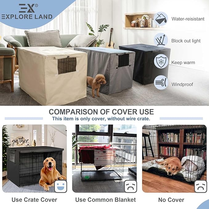 Explore Land Dog Crate Cover Heavy Duty Polyester Pet Kennel Sunshade Universal Fit for 48 inches Wire Cage (Black)