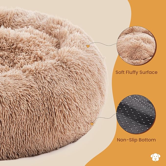 DUMOS Donut Dog Bed, Washable Dog Couch Bed with Removable Cover, Waterproof Pet Bed for Small Size Dogs, Memory Foam Pet Bed Non-Slip Base, Brown