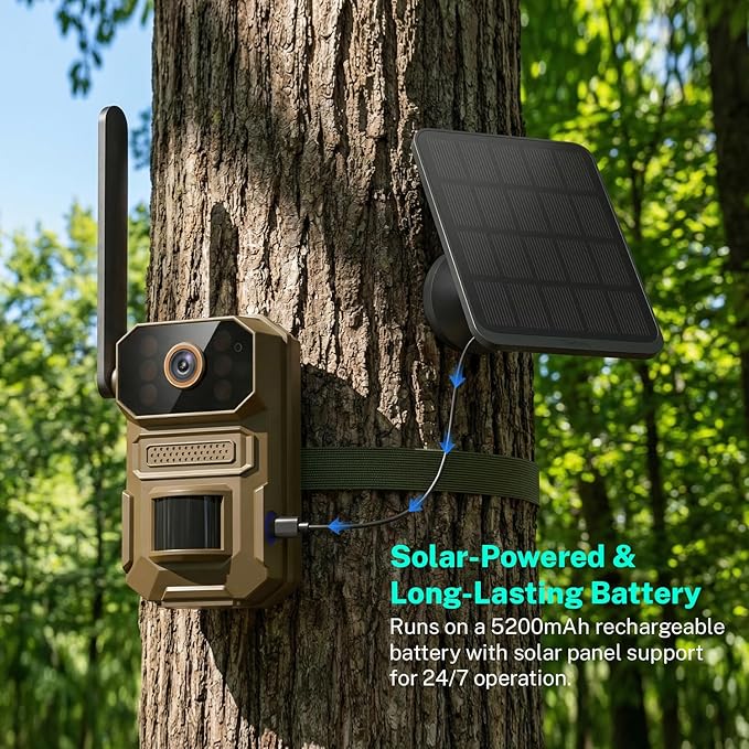 4G LTE Cellular Trail Camera with Solar Panel, 1080p Full HD Pet Cameras, Motion Detection, Live View, Night Vision, Two-Way Talk, IP65, Built-in SIM Card, Unlimited Plan (Sold Separately)
