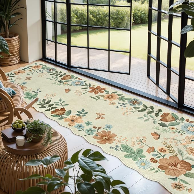 Lahome Floral Washable Runner Rug, Boho Ultra-Thin Kitchen Runners