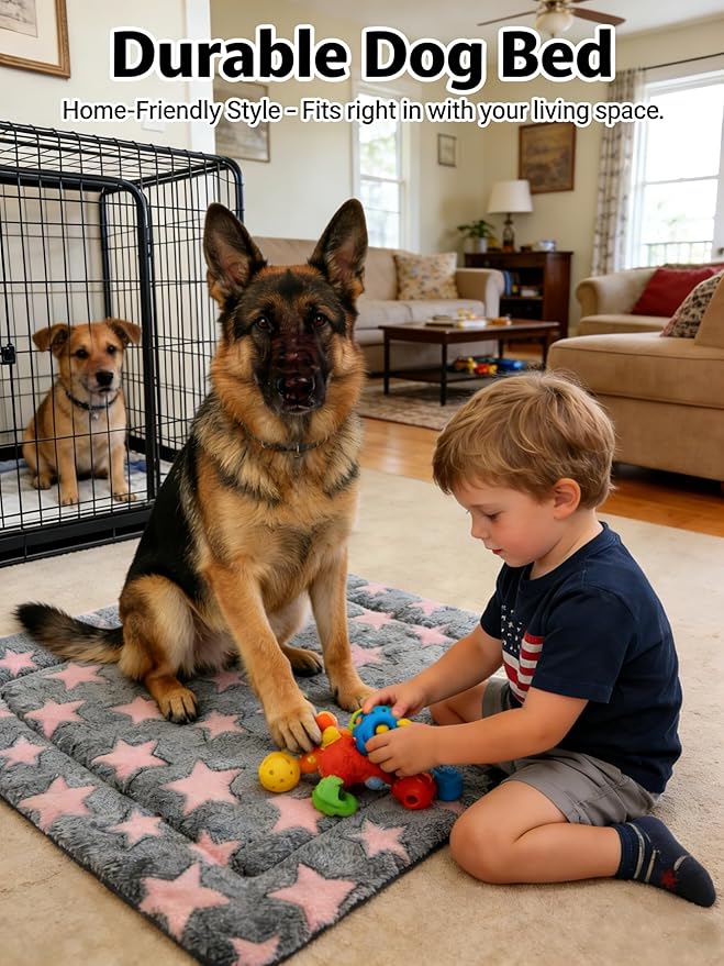 Dog Bed Mat - Reversible Dog Crate Bed Mats, Soft & Breathable Kennel Pad, Durable Crate Bed for Small Dogs & Cats (Pink&Gray Stars, L(35"*23"*1.2"))