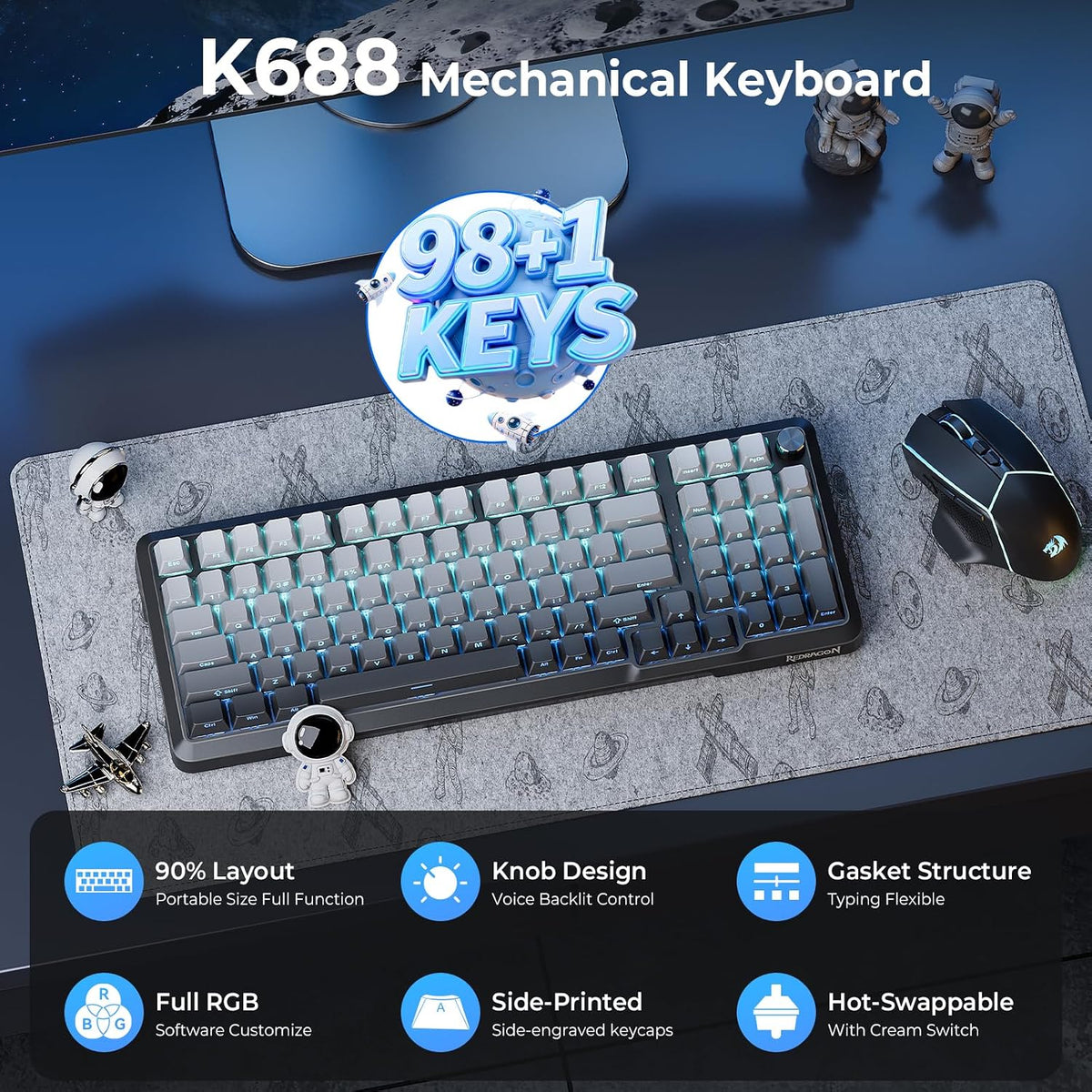Redragon K688SP-RGB-PRO 96% Three-Mode Mechanical Keyboard Gasket Structure RGB hot Plug 8000mAh with knob Black and Gray Gradient Side Engraved keycaps
