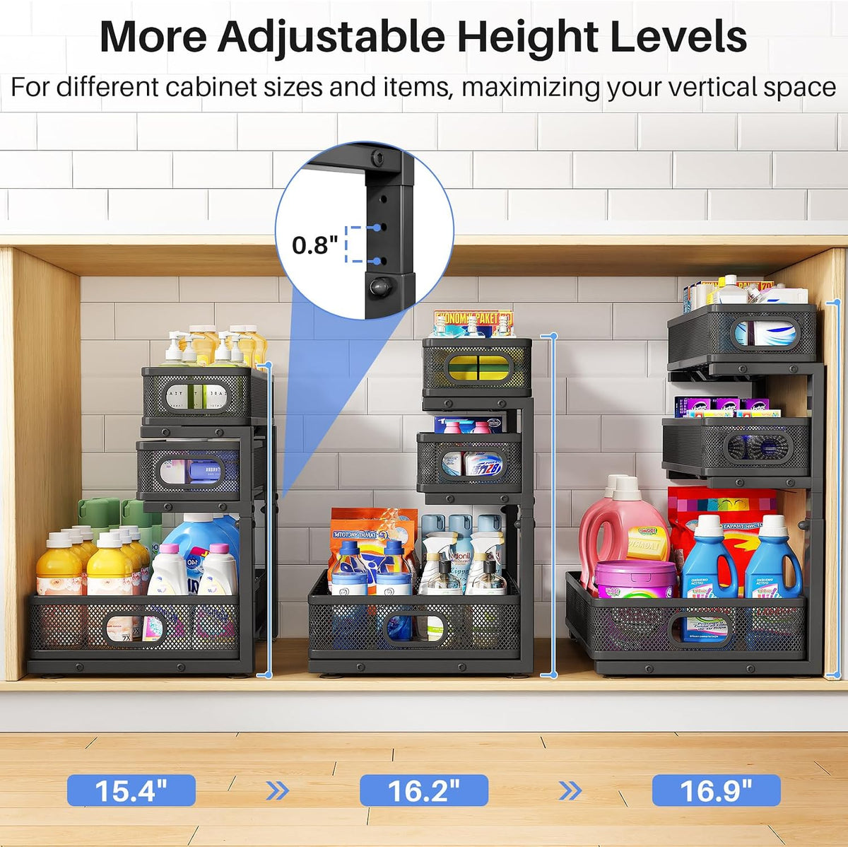 Under Sink Organizer, 3-Tier Thickened Metal Pull out Cabinet Organizer Shelf, Height Adjustable Slide out Storage Drawer Rack for Kitchen Bathroom Pantry Laundry Home Organization, 1-Pack, Black