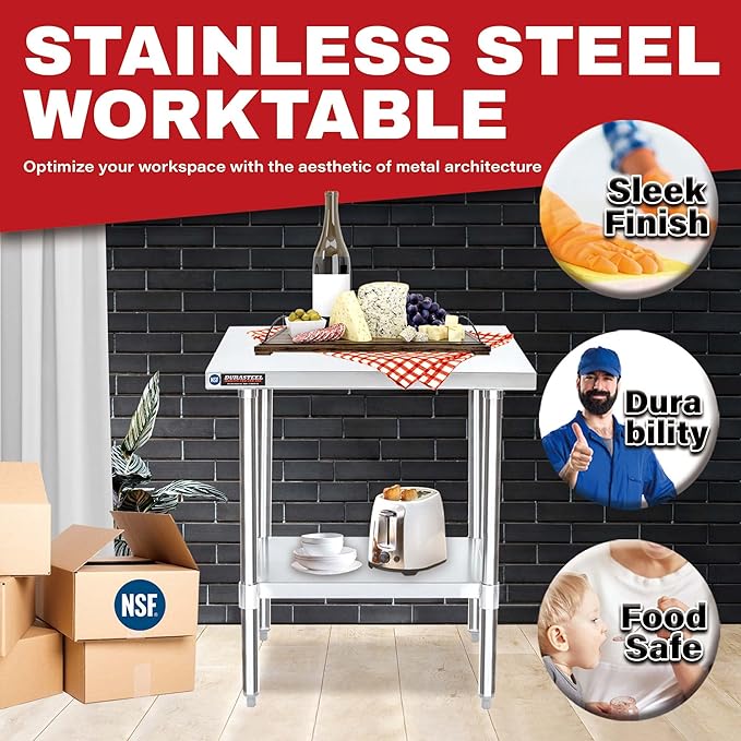 DuraSteel 24x30 Stainless Steel Work Table - NSF Commercial Prep Metal Table - Outdoor Pizza Oven Stand w/Under Shelf - Kitchen Island Laundry Utility Garage Microwave Stand Large Rolling Storage Cart