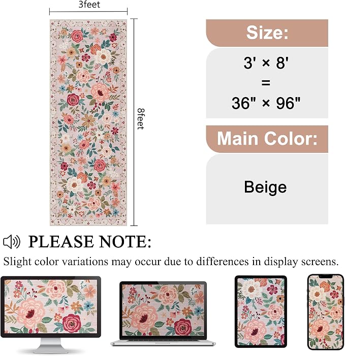 DUKINO 3x8 Runner Rug, Washable Rug