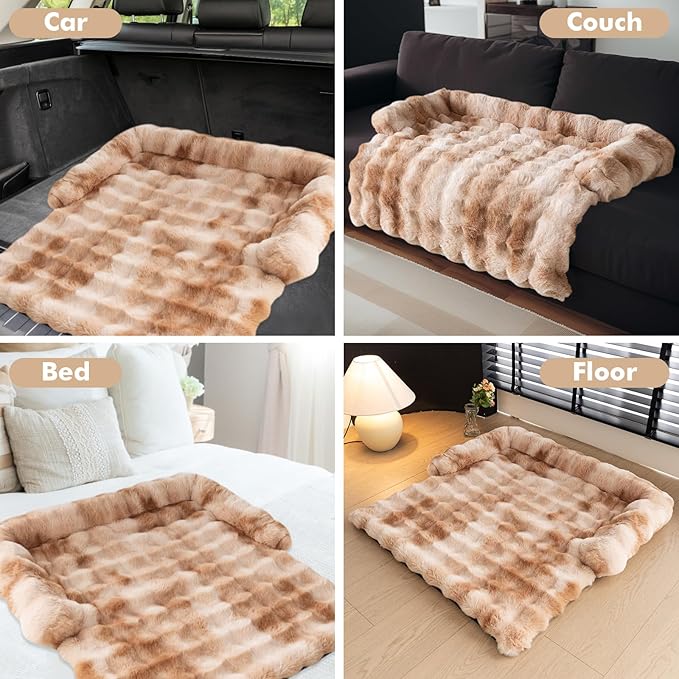 LiveGo Fuzzy Pet Couch Covers for Sofa, Dog Couch Cover Fuzzy Sofa Cover Cream Square Plaid Dog Bed Plush Dog Mat for Furniture Protector for Large Medium Dogs and Cats
