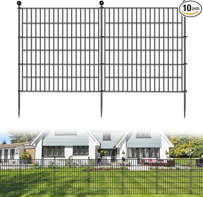 10 Panels No Dig Decorative Outdoor Garden Fence for Yard, 32 in(H) X 23.6 ft(L) Animal Barrier Fencing Rustproof Metal Wire Panel Border for Dog, Rabbits, and Patio Temporary Ground Stakes