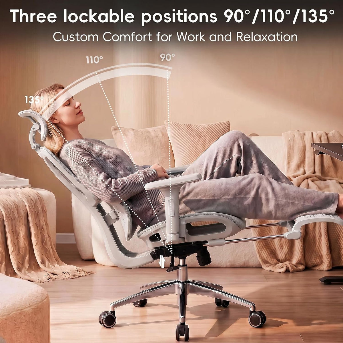 Vonesse Ergonomic Office Chair with Footrest, Desk Chairs with Dynamic Lumbar Support & Adjustable Depth Breathable Mesh Seat, Computer Gaming Chair with Adjustable 3D Headrest and Armrests (White)
