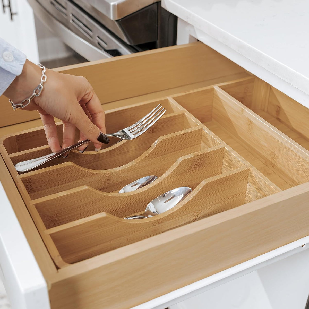 KitchenEdge Silverware & Utensil Organizer, Fixed 10.5 in, Bamboo