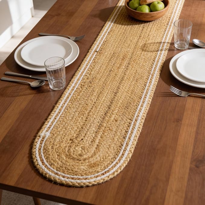 Encasa XO Handwoven Jute Table Runner, Center Table 12"x54" Off White & Jute