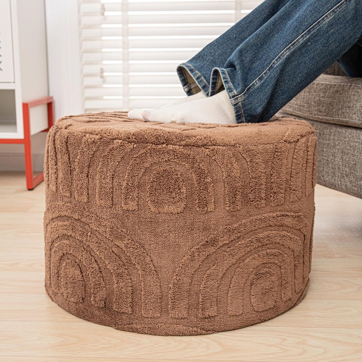Asuprui Round Ottoman Pouf Foot Stool, Coffee 20x14 in,Sofa Couch Foot Rest