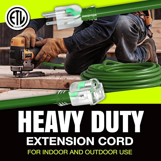 3ft Outdoor/Indoor Extension Cord 16/3 Gauge Heavy Duty 3 Prong SJTW, Waterproof, ETL Listed, Flexible Cold-Resistant Long Power Cord,13A 125V 1625W, Green by LifeSupplyUSA