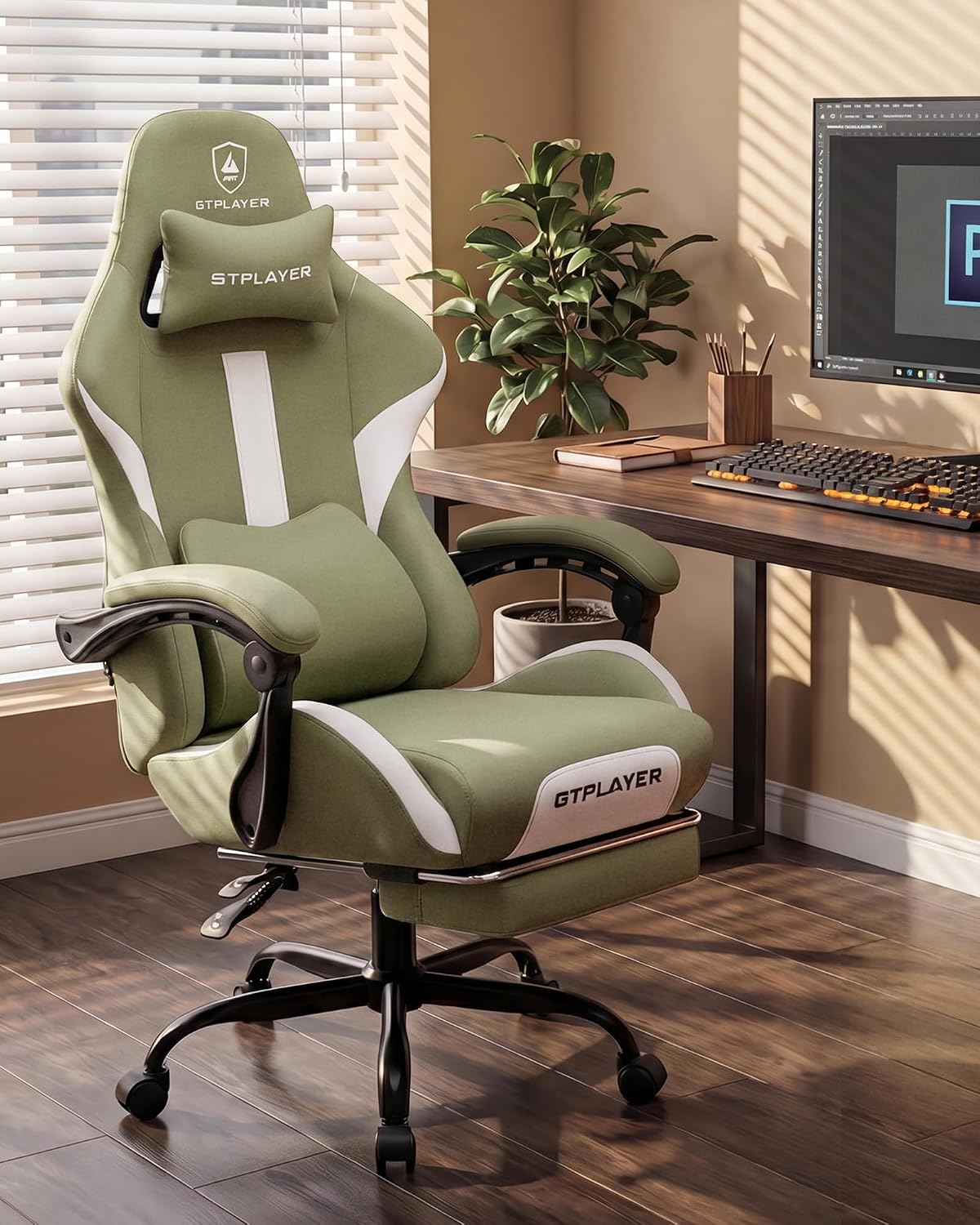 GTPLAYER Gaming Chair with Foot Rest & Pocket Spring Cushion, Ergonomic High Back Computer Desk Chair with Headrest & Lumbar Support for Back Pain Relief, Breathable Fabric, Green