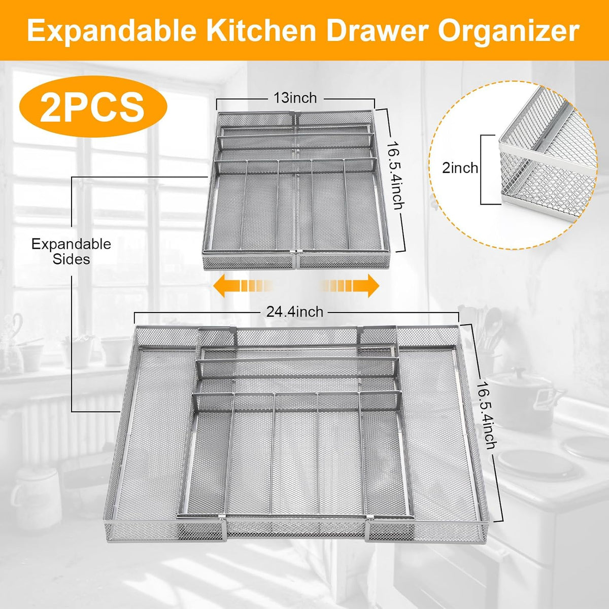 2 Pcs Utensil Drawer Silverware Organizer, Metal Mesh, Silver