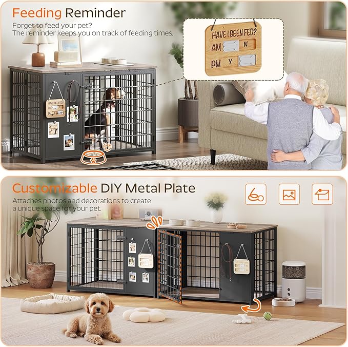 Foldable Dog Crate Furniture, Dog Crate with DIY Frame, Heavy Duty Dog Kennel Indoor with Hooks, Wooden Dog Cage End Table, for Small/Medium Dogs, Greige DC95BG