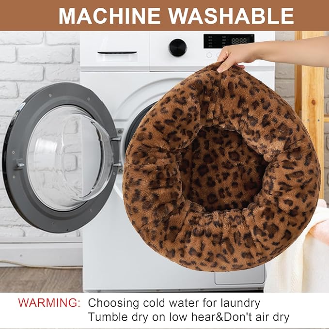 Dog Calming Beds for Small Medium Large Dogs - Round Donut Washable Puppy Dog Bed, Anti-Slip Faux Fur Fluffy Donut Cuddle Anxiety Cat Pet Bed (24" Leopard Print)