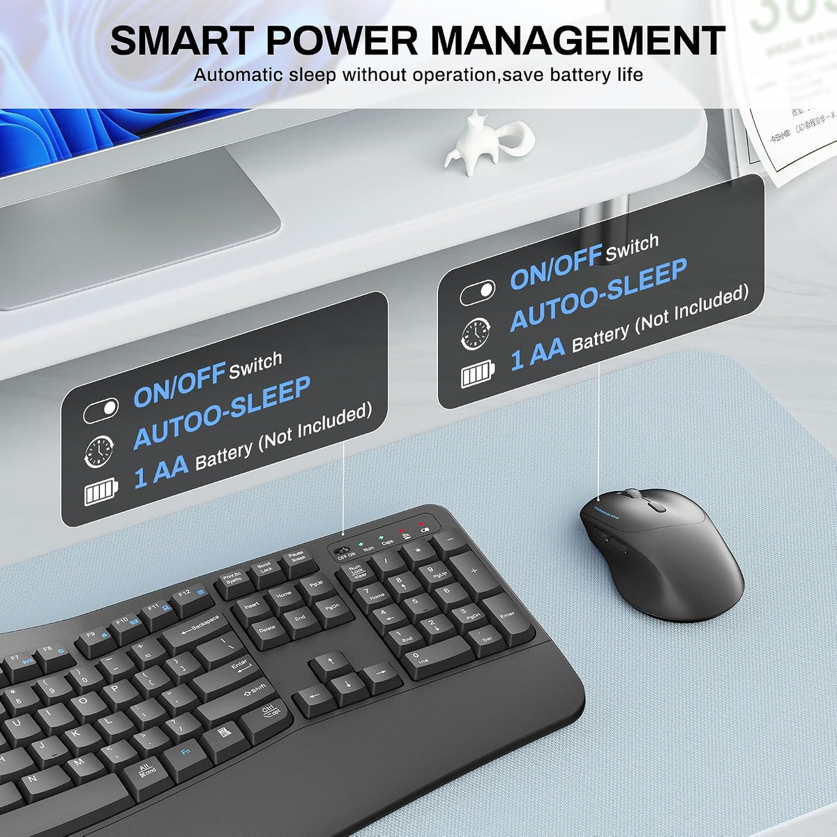 Wireless Keyboard and Mouse Combo,2.4G Full Size Ergonomic Wave Keys(Gray)