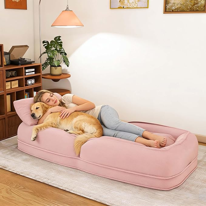 Oversized Human Dog Bed for Adult, Foldable Giant Human Pet Bed with 2 Soft Pillows, Large Sized Dog Sofa with 5 Adjustable Position for Humans, Metal Frame & Corduroy (Pink)