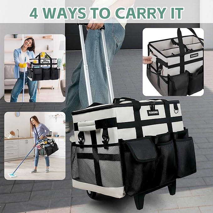 Large Rolling Cleaning Caddy Bag with Wheels, with Detachable Trolley, Cleaning Bags on Wheels for Housekeepers, Cleaning Cart Supplies Organizer for Home, Car, Picnic (Beige)