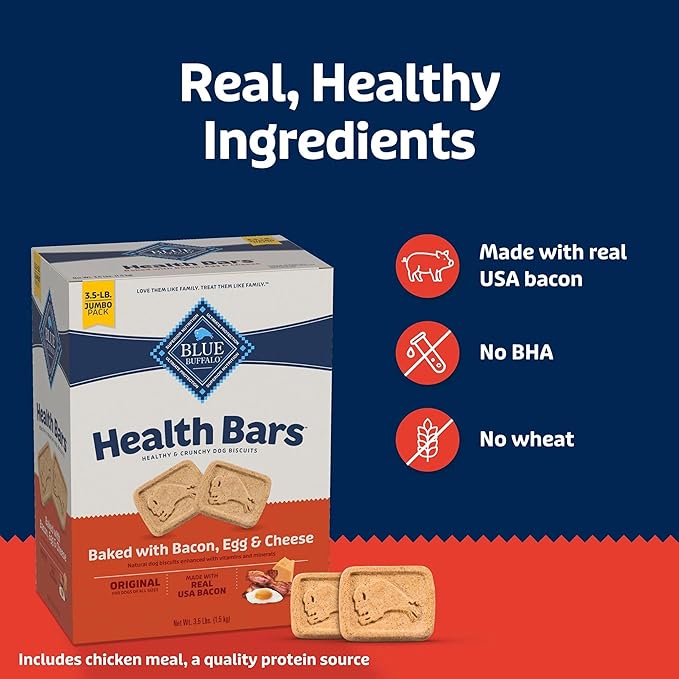 Blue Buffalo Health Bars Crunchy Dog Biscuits, Oven-Baked with Natural Ingredients, Bacon, Egg & Cheese, 3.5-lbs Box (Pack of 3)