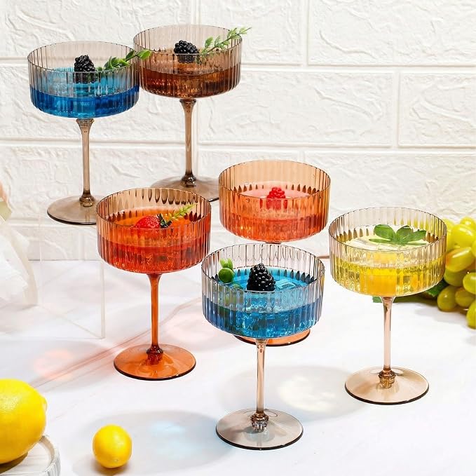 Jingmore 24 Pcs Ribbed Martini Glasses 10 oz Disposable Plastic Vintage Ribbed