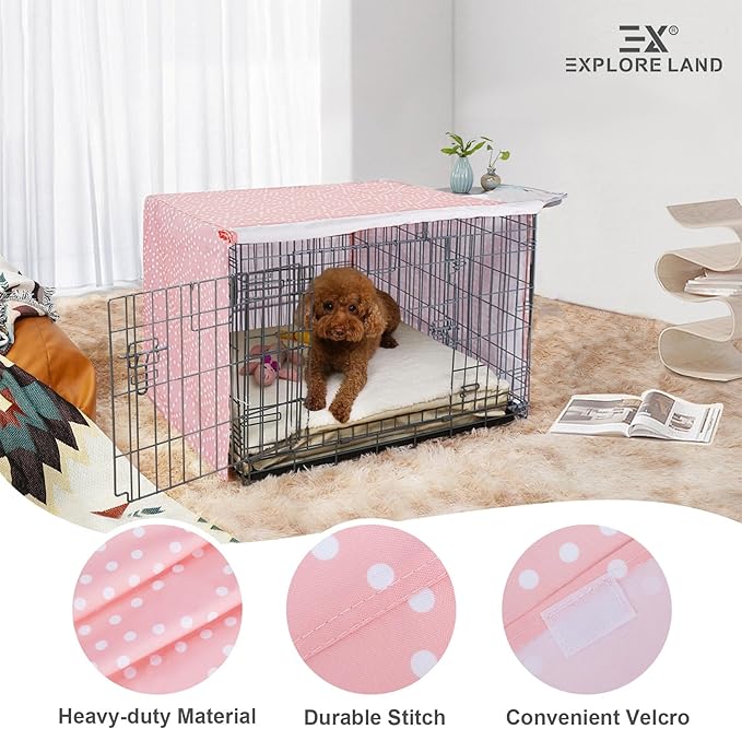 Explore Land Pattern Dog Crate Cover for 42 Inches Wire Cage, Heavy-Duty Polyester 1 2 3 Doors Standard Metal Pet Kennel Enclosure (Princess Pink)