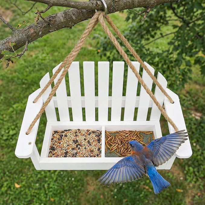 Solution4Patio White Swing Bird Feeder, Squirrel-Proof Metal Mesh Tray with Bench Design, High-Capacity Rust-Resistant Hanging Bird Feeder for Porch & Yard Décor – Easy Fill & Clean