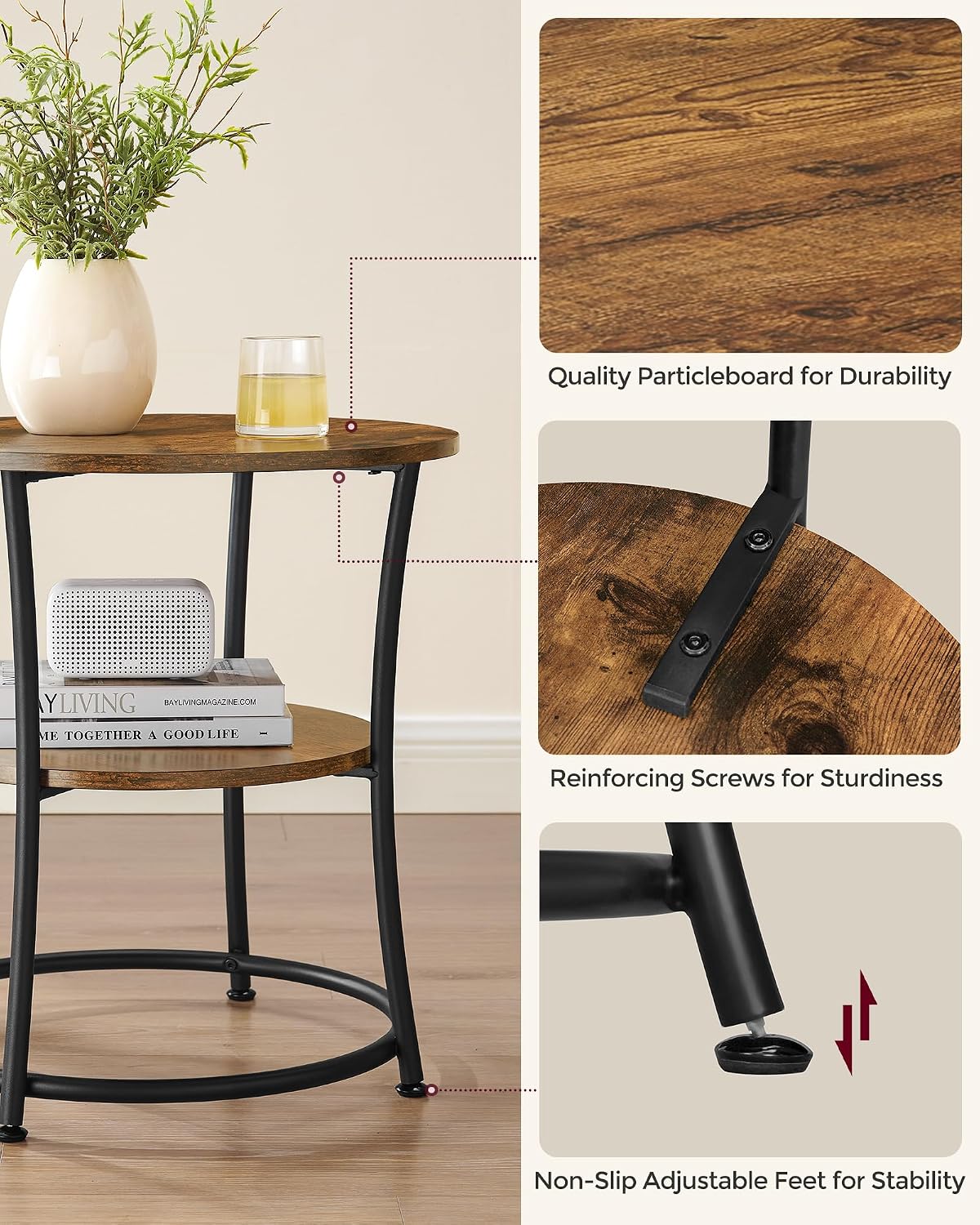 VASAGLE Side Table, 2-Tier Round End Table with 2 Storage Shelves