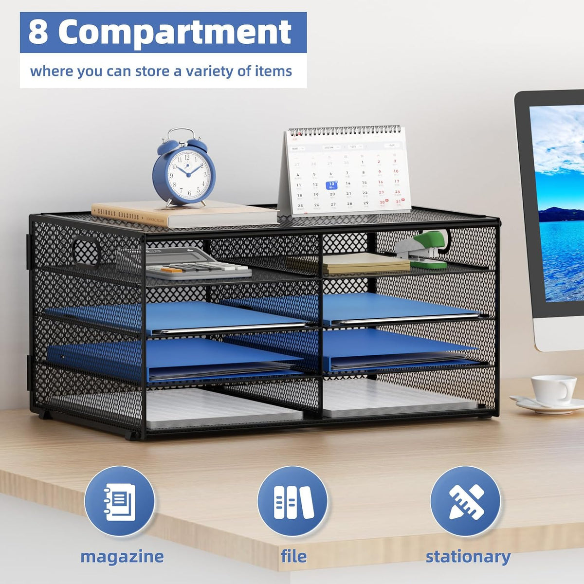 Lavatino 8 Compartments Paper Organizer for Desk, Mesh Literature Organizer, Mail File Sorter Tray with Handle, Desktop Mailbox for Office Classroom Home, Black