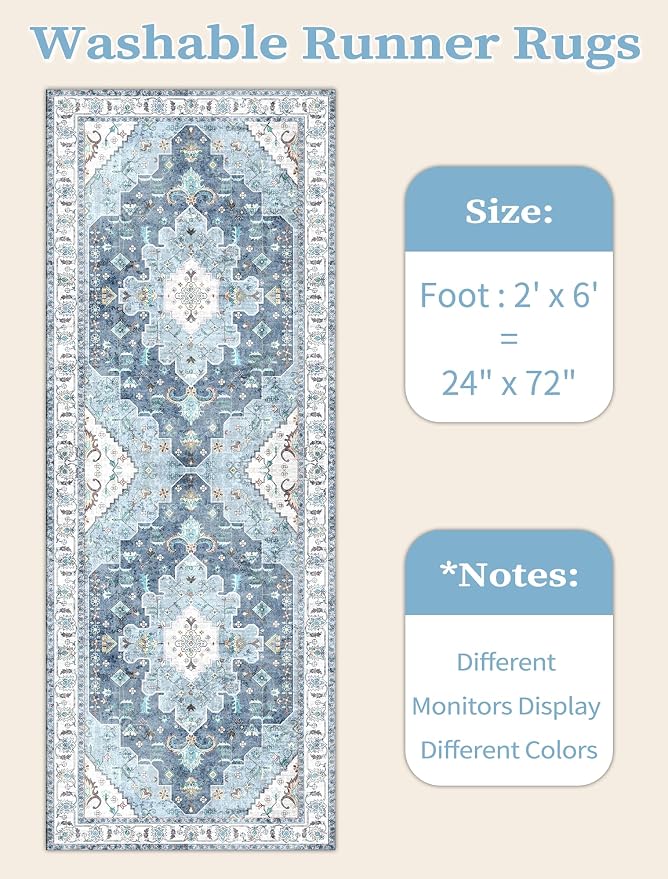 SERISSA Boho Washable Runner Rug, 2x6 Rug Non-Slip Vintage Blue Hallway Kitchen