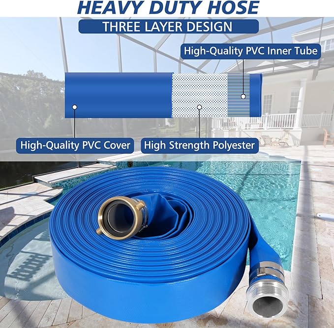 2" x 100 ft Backwash Hose for Swimming Pools, Heavy Duty PVC Lay Flat Water