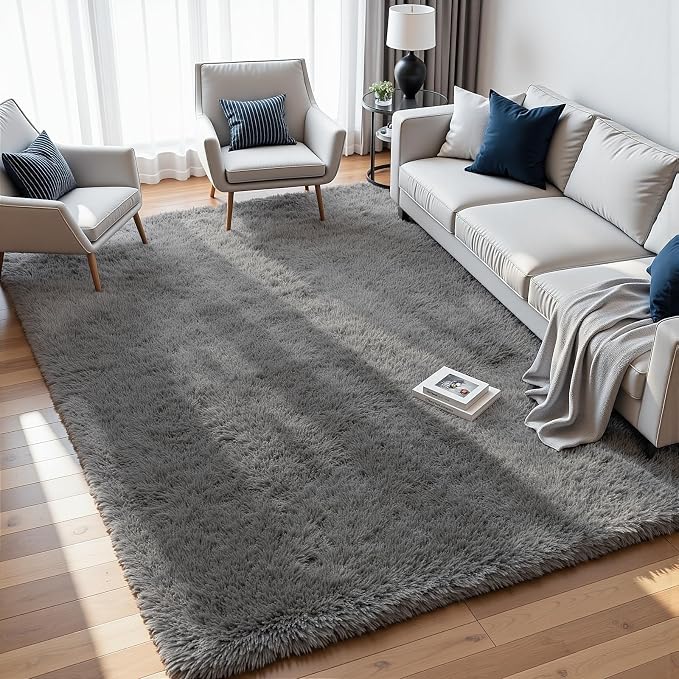 8x10 Area Rugs for Living Room Rug: Soft Fluffy Shag Light Gray Rugs for Bedroom