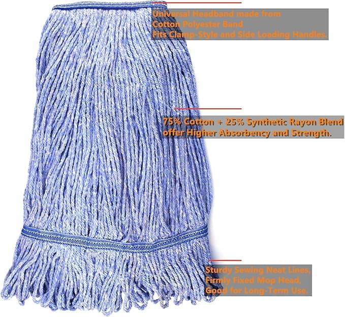 String Mop Heads Replacement Heavy Duty Commercial Grade Blue Cotton Looped End Wet Industrial Cleaning Mop Head Refills (6, Medium)